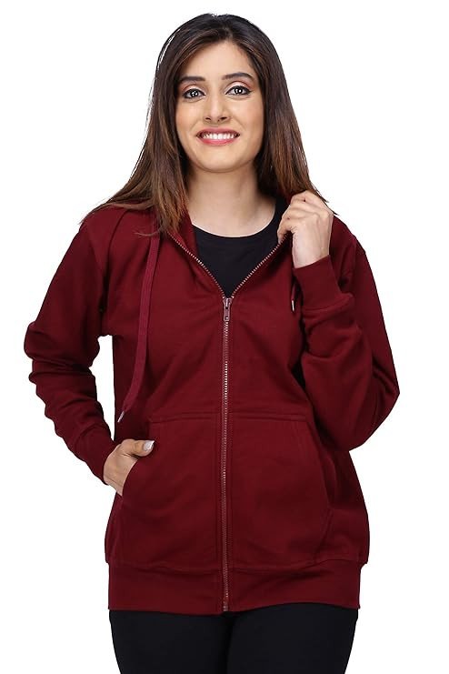 Women's Cotton Full Zipper Sweatshirt Hoodies with Kangaroo Pocket Winter Wear Hooded Neck Sweatshirt