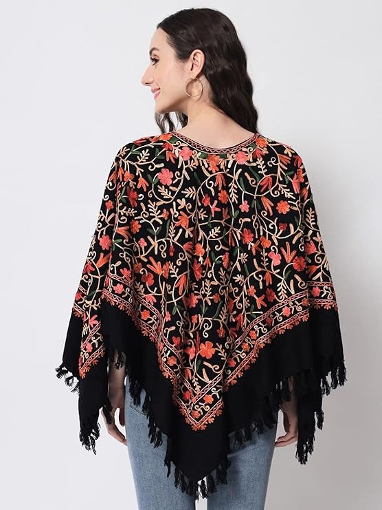 Zamour Women's Wool Poncho Shrug Top, Kashmiri Embroidery Jaal, Inner Lining